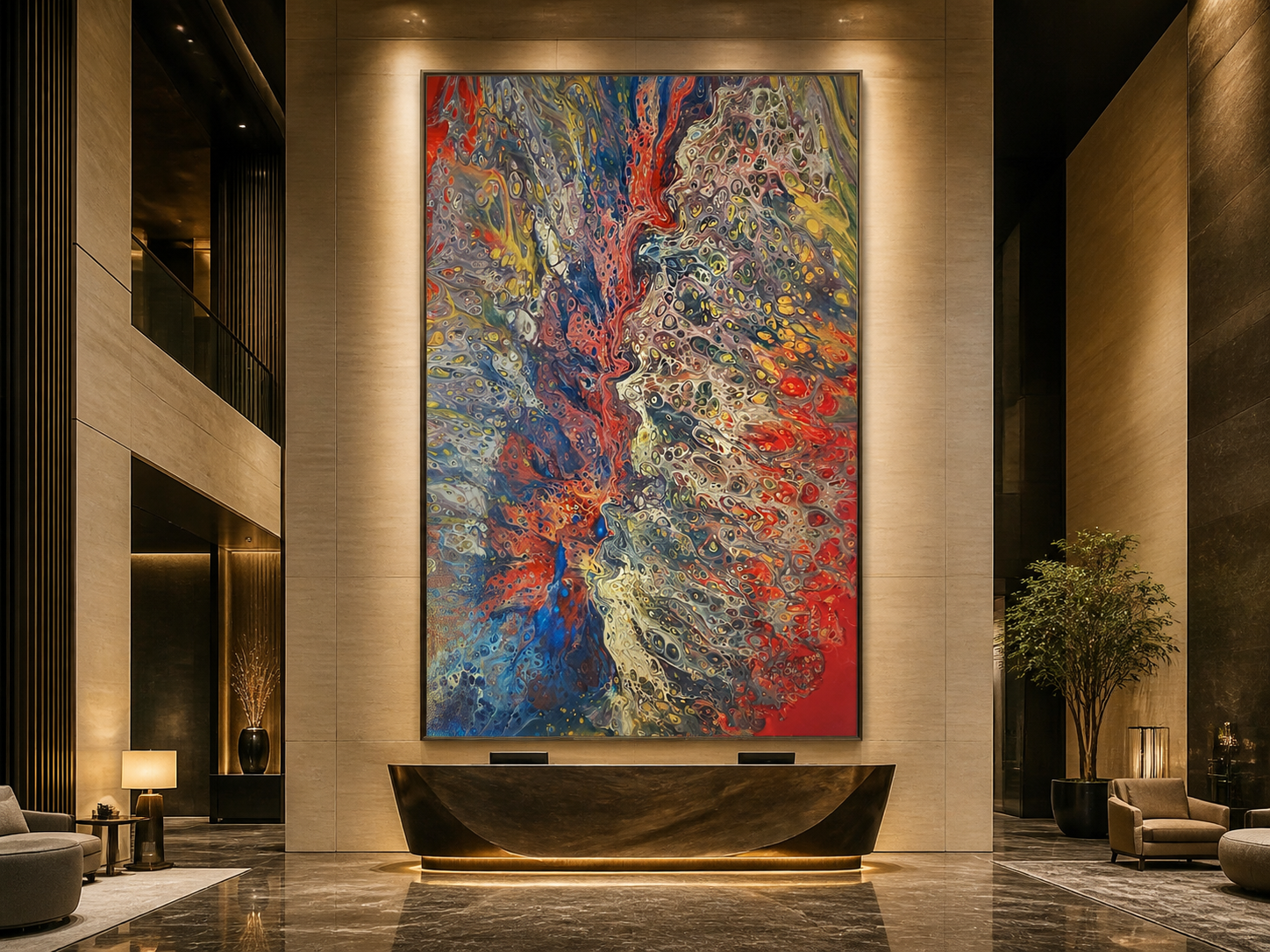 Crimson Current in a hotel lobby